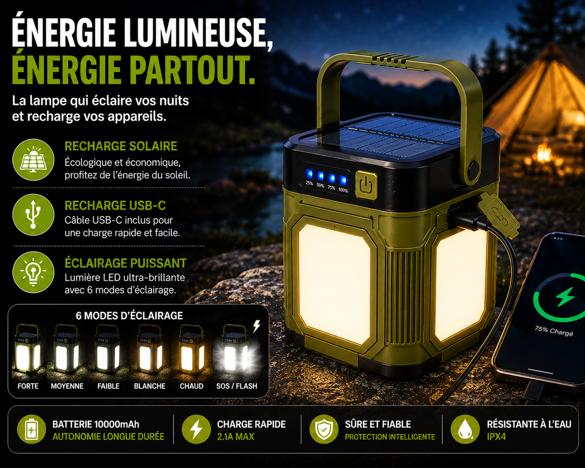 Lampe De Camping LED Multifonction Rechargeable Solaire - NomadLite