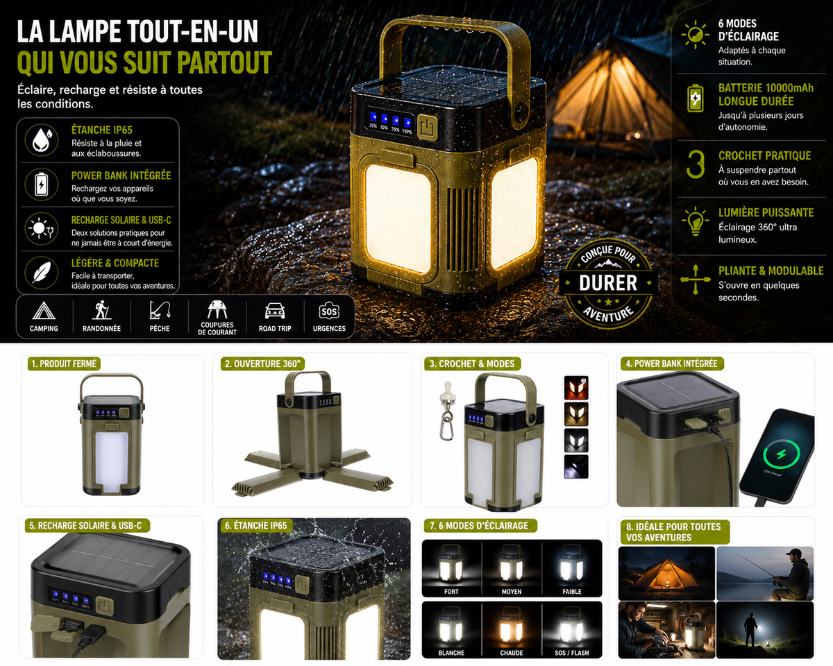 Lampe De Camping LED Multifonction Rechargeable Solaire - NomadLite