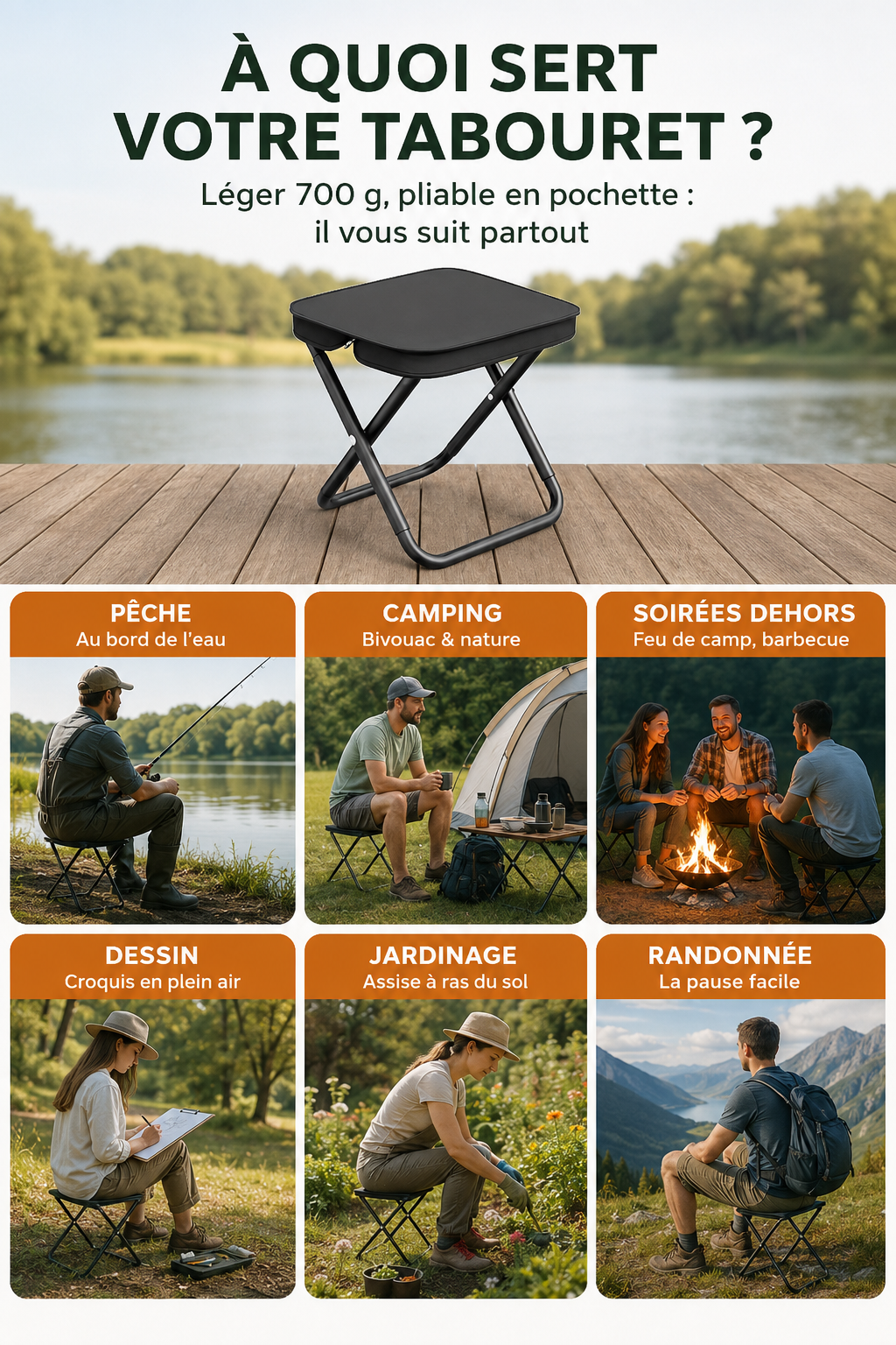 Tabouret Pliant Compact de Camping – Ultra Léger 700 g - NomadLite