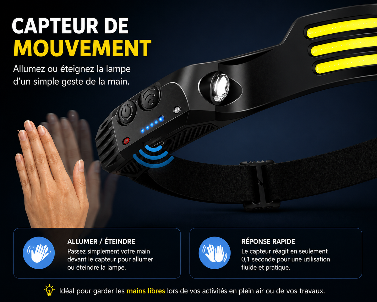 Lampe Frontale LED 230° USB-C Avec Capteur Mouvements - NomadLite