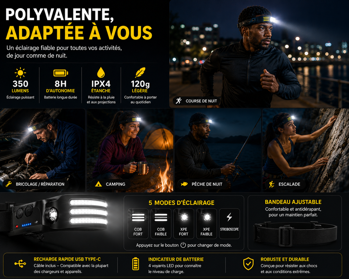 Lampe Frontale LED 230° USB-C Avec Capteur Mouvements - NomadLite