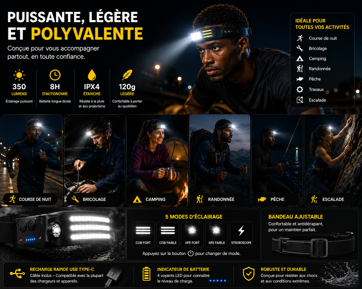 Lampe Frontale LED 230° USB-C Avec Capteur Mouvements - NomadLite